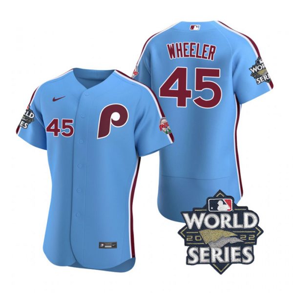 Phillies 45 Zack Wheeler Blue Nike 2022 World Series Flexbase Jersey->philadelphia phillies->MLB Jersey